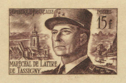 France_1952_Yvert_920b-Scott_675b_unadopted_Marechal_de_Lattre_Type_II_brown_1705_Lc_ATP_detail_a
