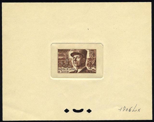 France_1952_Yvert_920b-Scott_675b_unadopted_Marechal_de_Lattre_Type_II_brown_1706_Lx_CP