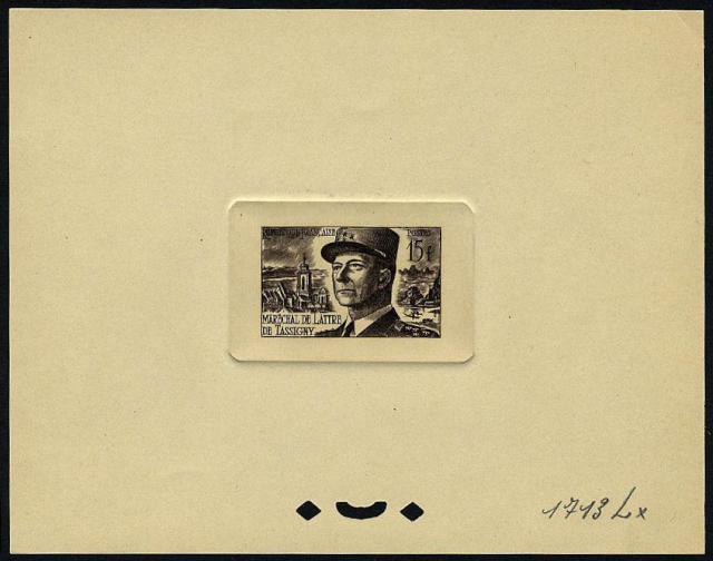 France_1952_Yvert_920b-Scott_675b_unadopted_Marechal_de_Lattre_Type_II_brown_1713_Lx_CP