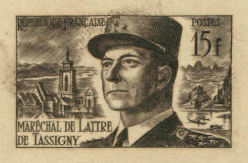 France_1952_Yvert_920b-Scott_675b_unadopted_Marechal_de_Lattre_Type_II_brown_1716_Lx_ATP_detail