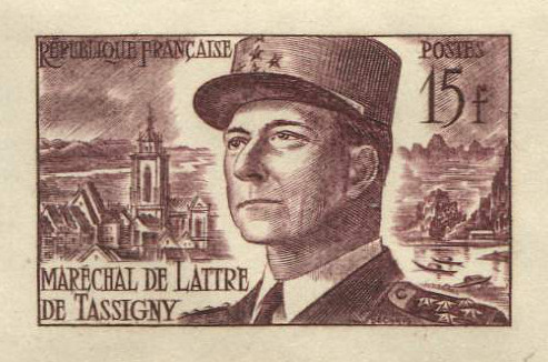 France_1952_Yvert_920b-Scott_675b_unadopted_Marechal_de_Lattre_Type_II_brown_1717_Lx_b_CP_detail