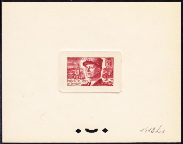France_1952_Yvert_920b-Scott_675b_unadopted_Marechal_de_Lattre_Type_II_red_1412_Lx_ac_CP