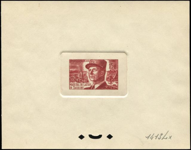 France_1952_Yvert_920b-Scott_675b_unadopted_Marechal_de_Lattre_Type_II_red_1413_Lx_b_CP