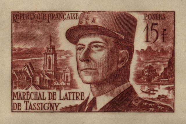 France_1952_Yvert_920b-Scott_675b_unadopted_Marechal_de_Lattre_Type_II_red_1417_Lx_ba_CP_detail