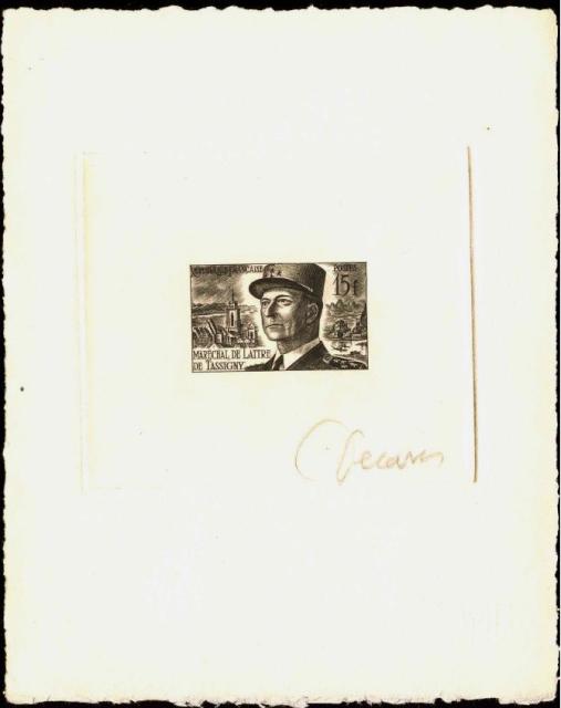 France_1952_Yvert_920b-Scott_675b_unadopted_Marechal_de_Lattre_Type_II_sepia_a_AP