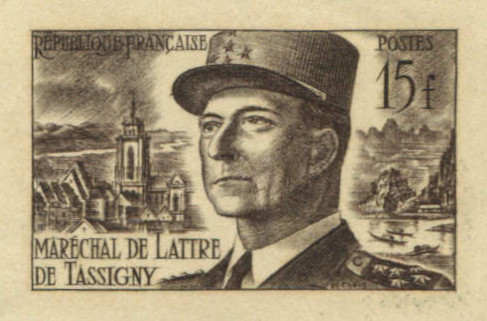 France_1952_Yvert_920b-Scott_675b_unadopted_Marechal_de_Lattre_Type_II_sepia_a_ATP_detail