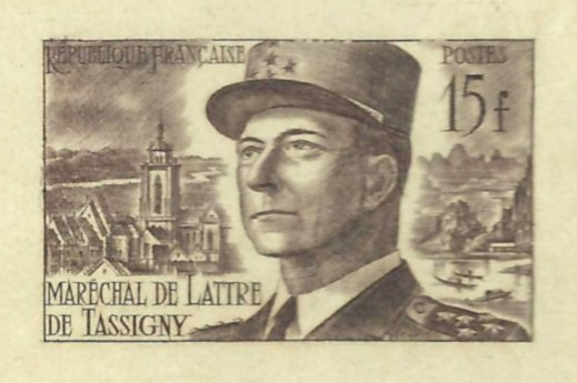 France_1952_Yvert_920b-Scott_675b_unadopted_Marechal_de_Lattre_Type_II_sepia_ab_ATP_signed_detail_a