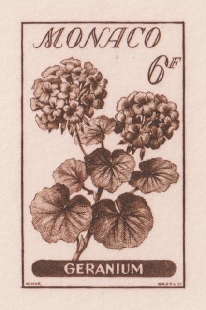 Monaco_1959_Yvert_518a-Scott_442_unadopted_6f_Geranium_brown_AP_detail