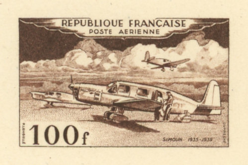 France_1953_Yvert_PA30a-Scott_C29a_unadopted_100f_Simoun_dark-brown_g_AP_detail