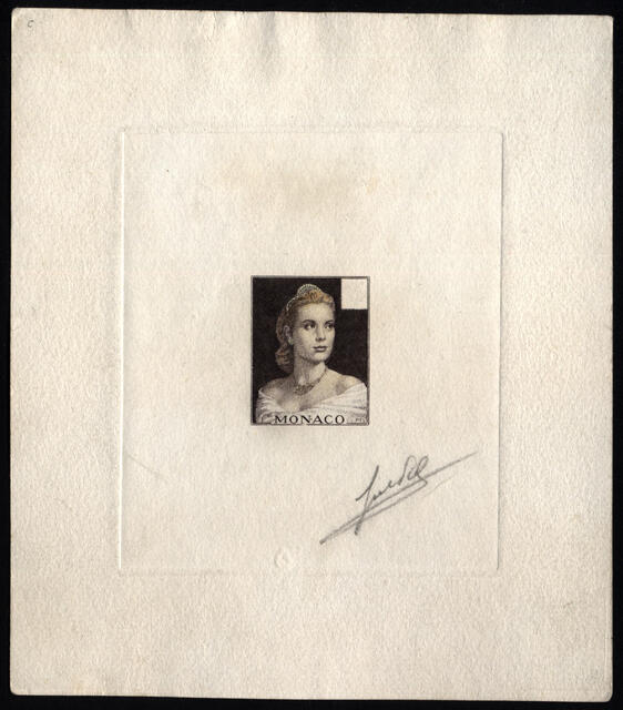 Monaco_1956_Yvert_482a-Scott_395_unadopted_Grace_Kelly_3eme_etat_hand_multicolor_on_sepia_AP