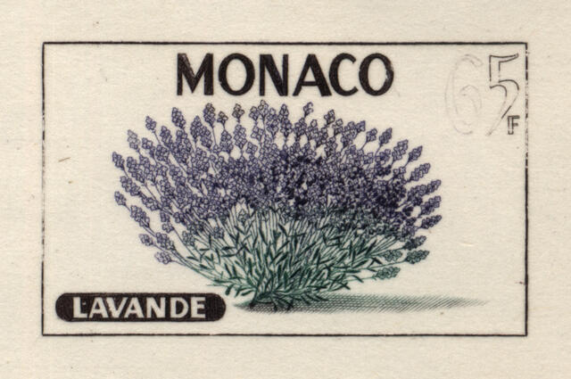 Monaco_1959_Yvert_521c-Scott_445_unadopted_65f_Lavande_1er_etat_dark-green_+_violet_+_black_AP_detail_a