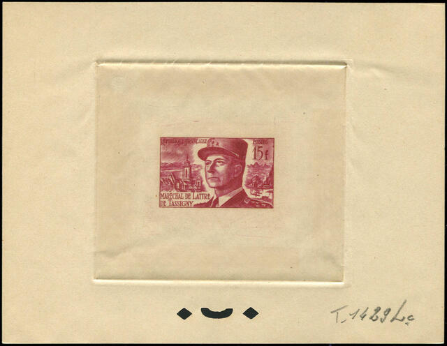 France_1952_Yvert_920b-Scott_675b_unadopted_Marechal_de_Lattre_Type_II_red_1429_Lc_e_ATP