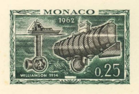 Monaco_1962_Yvert_593a-Scott_523_unadopted_bathyscaphe_Trieste_etat_dark-green_+_sepia_b_AP_detail
