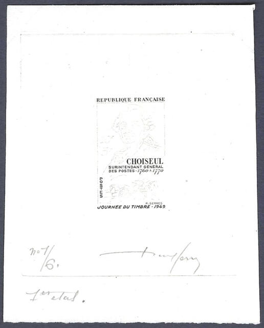 France_1949_Yvert_828a-Scott_B237_unadopted_10f_+_5f_Choiseul_1er_etat_black_bb_AP