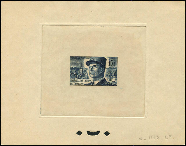 France_1952_Yvert_920b-Scott_675b_unadopted_Marechal_de_Lattre_Type_II_blue_1122_Lx_ATP