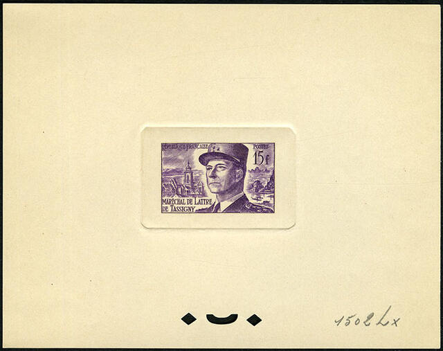 France_1952_Yvert_920b-Scott_675b_unadopted_Marechal_de_Lattre_Type_II_violet_1502_Lx_a_CP