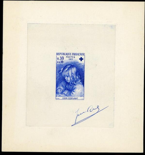 France_1965_Yvert_1467a-Scott_B393a_unadopted_Red_Cross_Coco_Ecrivant_type_1_etat_blue_a_AP