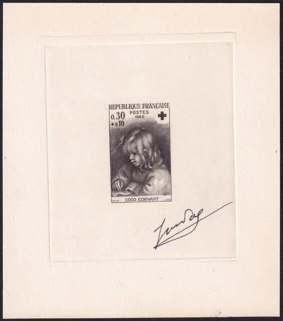 France_1965_Yvert_1467a-Scott_B393a_unadopted_Red_Cross_Coco_Ecrivant_type_1_etat_sepia_AP