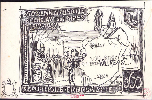 France_1968_Yvert_1562a-Scott_1215_unadopted_Enclave_Papale_de_Vadreas_MAQ