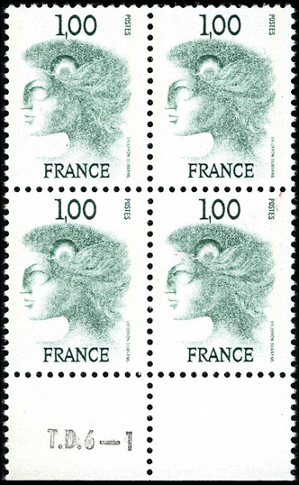 France_1976_Yvert_1892b-Scott_1496_unissued_1f_Marianne_by_Excoffon-Durrens_green_four_ab_ESS