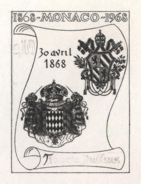 Monaco_1968_Yvert_744a-Scott_684_unadopted_Abbaye_Nullius_Diocesis_1er_etat_black_AP_detail_a