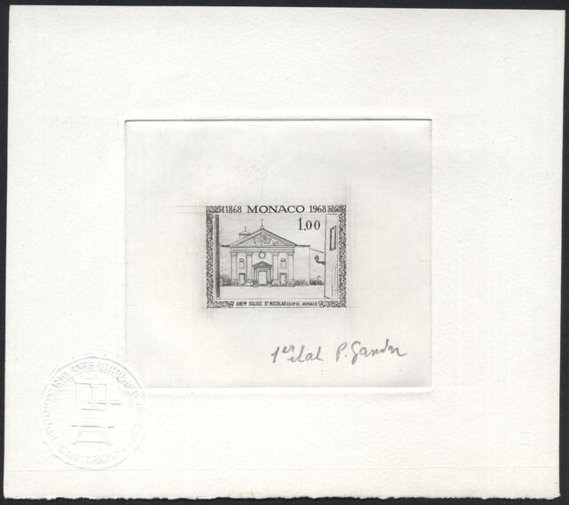 Monaco_1968_Yvert_748a-Scott_688_unadopted_Sait-Nicolas_Church_1er_etat_black_AP