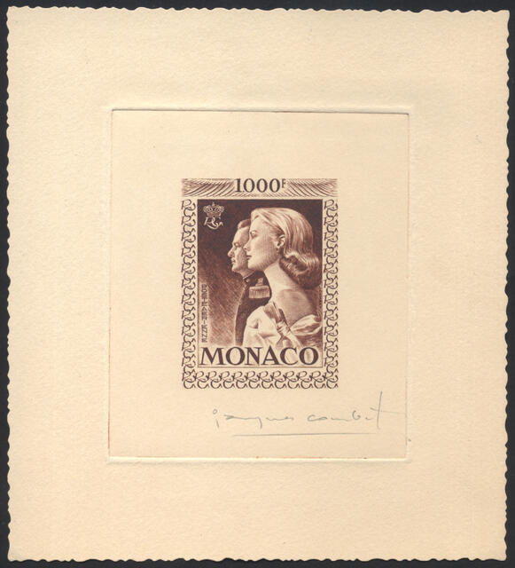 Monaco_1959_Yvert_PA72b-Scott_C55_unadopted_1000f_Grace_et_Rainier_III_maigre_brown_e_AP