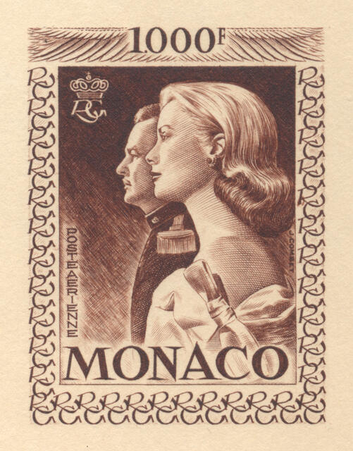 Monaco_1959_Yvert_PA72b-Scott_C55_unadopted_1000f_Grace_et_Rainier_III_maigre_brown_e_AP_detail