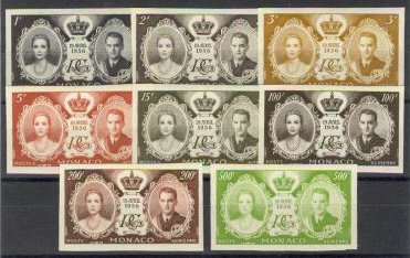 Monaco_1956_Yvert_473-77-PA63-65-Scott_366-70-C46-48_different_colors_a