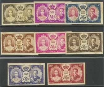Monaco_1956_Yvert_473-77-PA63-65-Scott_366-70-C46-48_different_colors_b