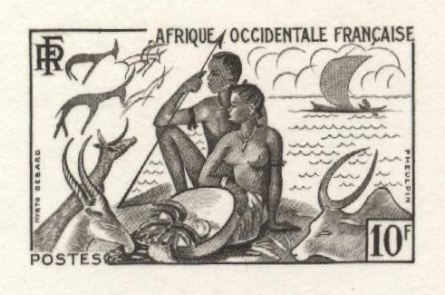 Fr_West_Africa_1954_Yvert_49a-Scott_60_unissued_10f_hunting_and_fishing_black_b_AP_detail