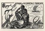 Fr_West_Africa_1954_Yvert_49a-Scott_60_unissued_10f_hunting_and_fishing_black_aa_AP_detail