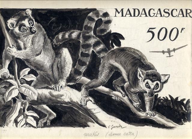 Madagascar_1954_Yvert_PA77a-Scott_C60_unadopted_500f_lemuriens_MAQ