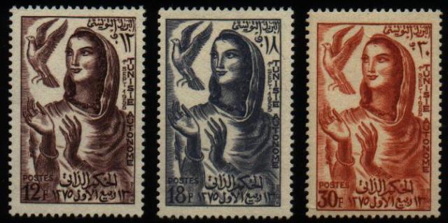 Tunisia_1956_Yvert_421-23-25-Scott_289-93_12f-18f-30f_woman_allegory_IS
