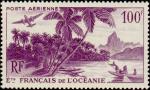 Polinesia_Oceanie_1948_Yvert_PA27-Scott_C18_100f_plane_and_palms_IS