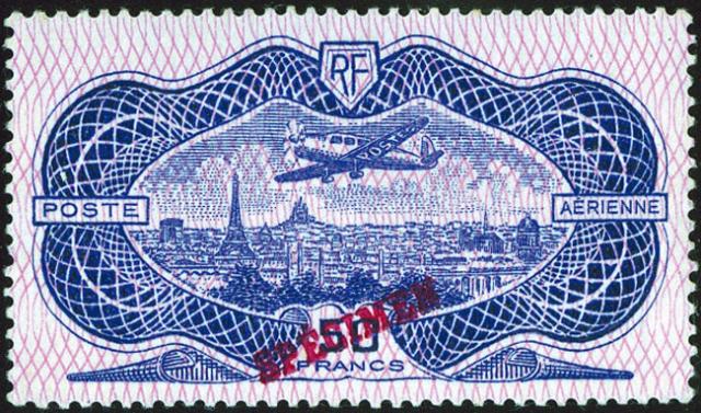 France_1936_Yvert_PA15-Scott_C15_50f_plane_over_Paris_burele_specimen_da_ESS