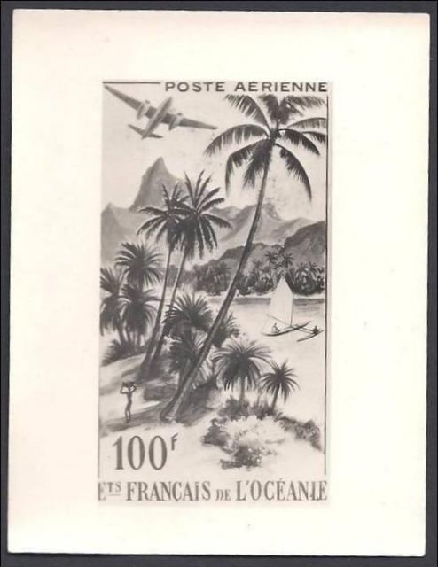 Polinesia_Oceanie_1948_Yvert_PA27b-Scott_C18_unadopted_100f_plane_and_palms_PHOTO-MAQ