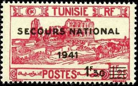 Tunisia_1941_Yvert_228a-Scott_unadopted_black_overprint_Secours_National_a_US