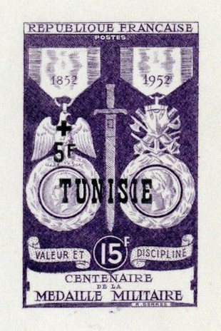 Tunisia_1952_Yvert_358a-Scott_B120_unadopted_overprint_Military_Medal_violet_1507_Lx_CP_detail