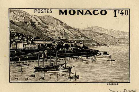 Monaco_1938_Yvert_176a-Scott_167_unadopted_1f40_Montecarlo_Bay_black_AP_detail