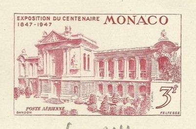 Monaco_1947_Yvert_PA24a-Scott_C18_unadopted_Oceanographic_Museum_1er_etat_red-lilac_b_AP_detail