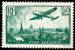 France_1936_Yvert_PA14a-Scott_C14_unissued_50f_small_f_green_plane_over_Paris_a_US