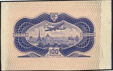France_1936_Yvert_PA15a-Scott_C15_unissued_100f_plane_over_Paris_burele_blue_bb_ESS